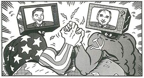 In this political cartoon from 1986, president reagan (us) and premier mikhail gorbachev (ussr) are