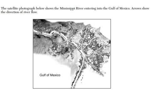 The satellite photograph below shows the mississippi river entering into the gulf of mexico. arrows