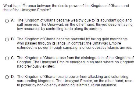 What is a difference between the rise to power of the kingdom of ghana and that of the umayyad empir
