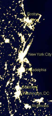 The image shows the metropolitan areas of the northeast united states illuminated at night and illus