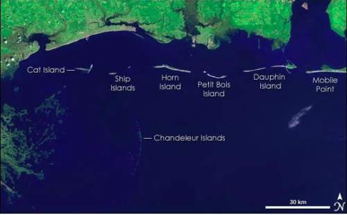The satellite image below shows several barrier islands offshore from the gulf coast of the southern