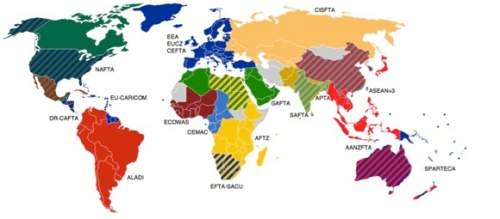 Global free trade zones. according to the map, which of the following statements is true?