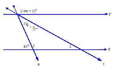 Lines y and z are parallel. parallel lines are cut by transversals s and t. the angles f