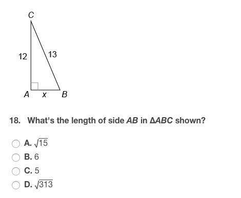 What's the length of side ab in δabc shown?  a. √15 b. 6 c. 5 d. √313