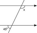 What is the measure of angle x?  a pair of parallel lines is cut by a transversal. an ex