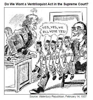 "this 1937 cartoon is criticizing president franklin d. roosevelt’s plan to (1)reduce the numb