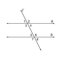 In the diagram, transversal t cuts across the parallel lines a and b. match the pairs of angles with