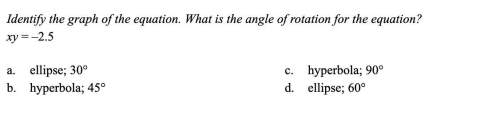 Identify the graph of the equation. what is the angle of rotation for the equation? xy=-