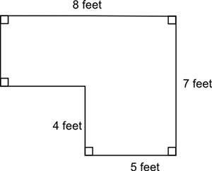 The figure shows a carpeted room. how many square feet of the room are carpeted?  30 squ