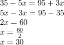35+5x=95+3x\\5x-3x=95-35\\2x=60\\x=\frac{60}{2}\\ x=30