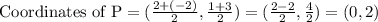 \text{Coordinates of P}= (\frac{2+(-2)}{2}, \frac{1+3}{2})=(\frac{2-2}{2}, \frac{4}{2})=(0,2)