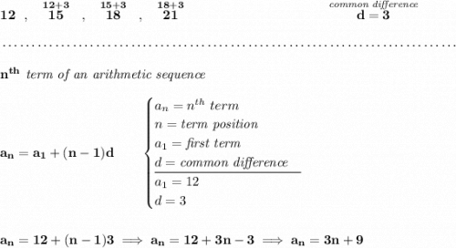 \bf 12~~,~~\stackrel{12+3}{15}~~,~~\stackrel{15+3}{18}~~,~~\stackrel{18+3}{21}~\hspace{10em}\stackrel{\textit{common difference}}{d=3} \\\\[-0.35em] ~\dotfill\\\\ n^{th}\textit{ term of an arithmetic sequence} \\\\ a_n=a_1+(n-1)d\qquad \begin{cases} a_n=n^{th}\ term\\ n=\textit{term position}\\ a_1=\textit{first term}\\ d=\textit{common difference}\\ \cline{1-1} a_1=12\\ d=3 \end{cases} \\\\\\ a_n=12+(n-1)3\implies a_n=12+3n-3\implies a_n=3n+9