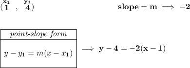 \bf (\stackrel{x_1}{1}~,~\stackrel{y_1}{4})~\hspace{10em} slope = m\implies -2 \\\\\\ \begin{array}{|c|ll} \cline{1-1} \textit{point-slope form}\\ \cline{1-1} \\ y-y_1=m(x-x_1) \\\\ \cline{1-1} \end{array}\implies y-4=-2(x-1)