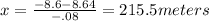 x=\frac{-8.6-8.64}{-.08}=215.5 meters