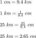 1\ cm=9.4\ km\\\\1\ km=\frac{1}{9.4}\ cm\\\\25\ km=\frac{25}{9.4}\ cm\\\\25\ km=2.65\ cm