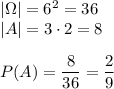 |\Omega|=6^2=36\\|A|=3\cdot2=8\\\\P(A)=\dfrac{8}{36}=\dfrac{2}{9}