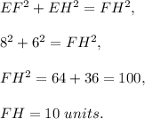 EF^2+EH^2=FH^2,\\ \\8^2+6^2=FH^2,\\ \\FH^2=64+36=100,\\ \\FH=10\ units.