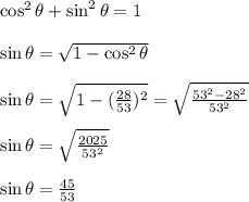 \cos^2\theta+\sin^2\theta=1\\\\\sin \theta=\sqrt{1-\cos^2\theta}\\\\\sin \theta=\sqrt{1-(\frac{28}{53})^2}=\sqrt{\frac{53^2-28^2}{53^2}}\\\\\sin \theta=\sqrt{\frac{2025}{53^2}}\\\\\sin \theta=\frac{45}{53}