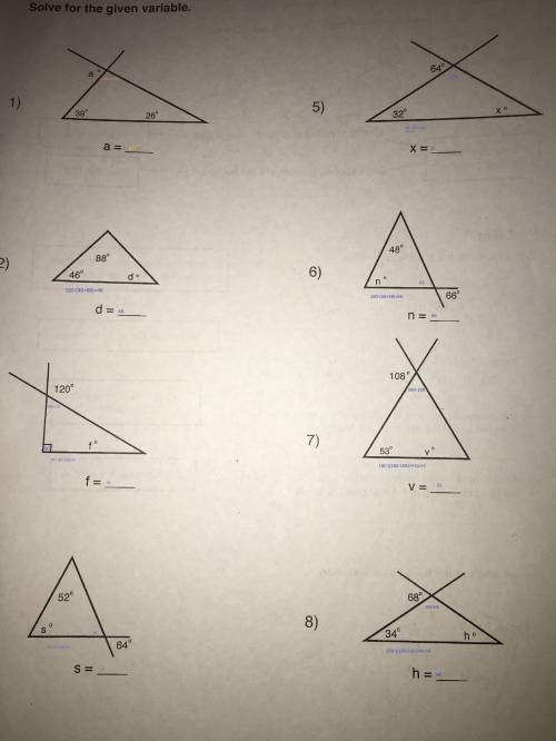 Can someone   me on this math worksheet about finding the given variable for these angles, and wheth