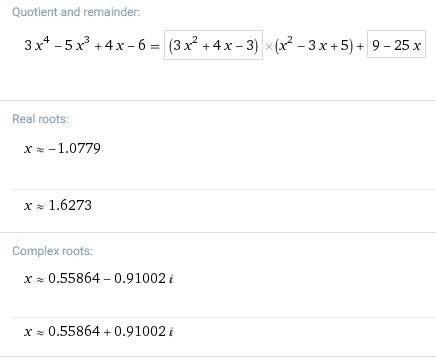 (3x^4-5x^3+4x-6)/(x^2-3x+5) divide the polynomail