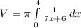V=\pi\int\limits^4_0 {\frac{1}{7x+6} } \, dx