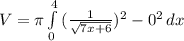 V=\pi \int\limits^4_0 {(\frac{1}{\sqrt{7x+6} })^2-0^2 } \, dx