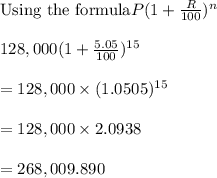 {\text{Using the formula}} P(1+\frac{R}{100})^n\\\\ 128,000(1 +\frac{5.05}{100})^{15}\\\\ =128,000 \times (1.0505)^{15}\\\\=128,000 \times 2.0938\\\\=268,009.890
