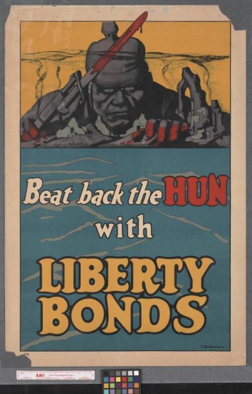 The image below is a poster from world war i:  image of poster that shows a hun soldier climbing out