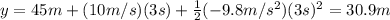 y=45 m+(10 m/s)(3 s)+\frac{1}{2}(-9.8 m/s^2)(3 s)^2=30.9 m