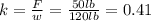 k=\frac{F}{w}=\frac{50lb}{120lb}=0.41