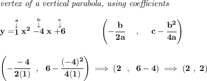 \bf \textit{vertex of a vertical parabola, using coefficients} \\\\ y=\stackrel{\stackrel{a}{\downarrow }}{1}x^2\stackrel{\stackrel{b}{\downarrow }}{-4}x\stackrel{\stackrel{c}{\downarrow }}{+6} \qquad \qquad \left(-\cfrac{ b}{2 a}~~~~ ,~~~~ c-\cfrac{ b^2}{4 a}\right) \\\\\\ \left(-\cfrac{-4}{2(1)}~~,~~6-\cfrac{(-4)^2}{4(1)} \right)\implies (2~~,~~6-4)\implies (2~,~2)