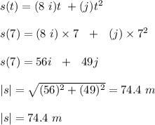 s(t) = (8 \ i)t \ + (j)t^2\\\\s(7) = (8 \ i)\times 7 \ \ + \ \ (j)\times 7^2\\\\s(7) = 56i \ \ + \ \ 49j\\\\|s| = \sqrt{(56)^2 + (49)^2} = 74.4 \ m\\\\|s| = 74.4 \ m