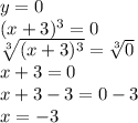 y=0\\ (x+3)^3=0\\ \sqrt[3]{(x+3)^3}=\sqrt[3]{0}\\ x+3=0\\ x+3-3=0-3\\ x=-3