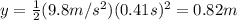 y=\frac{1}{2}(9.8 m/s^2)(0.41 s)^2=0.82 m