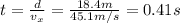 t=\frac{d}{v_x}=\frac{18.4 m}{45.1 m/s}=0.41 s