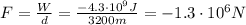 F=\frac{W}{d}=\frac{-4.3\cdot 10^9 J}{3200 m}=-1.3\cdot 10^6 N