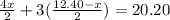 \frac{4x}{2}+3(\frac{12.40-x}{2})=20.20