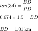 tan(34) = \dfrac{BD}{PD}\\\\0.674 \times 1.5 = BD\\\\BD = 1.01 \: \rm km