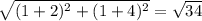 \sqrt{(1+2)^{2}+(1+4)^{2}}=\sqrt{34}