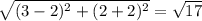 \sqrt{(3-2)^{2}+(2+2)^{2}}=\sqrt{17}