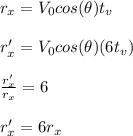r_x = V_0cos(\theta)t_v\\\\r_x'= V_0cos(\theta)(6t_v)\\\\\frac{r_x'}{r_x} = 6\\\\r_x'= 6r_x\\\\