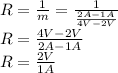 R = \frac{1}{m}=\frac{1}{\frac{2A - 1A}{4V - 2V}} \\R = \frac{4V - 2V}{2A - 1A}}\\R = \frac{2V}{1A}