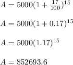 A=5000(1+\frac{17}{100})^{15}\\\\A=5000(1+0.17)^{15}\\\\A=5000(1.17)^{15}\\\\A=\$52693.6