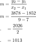 m=\dfrac{y_2-y_1}{x_2-x_1}\\\\m=\dfrac{3878-1852}{9-7}\\\\.\quad =\dfrac{2026}{2}\\\\.\quad = 1013