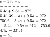 c=139-a\\-------\\5.4c+9.5a=972\\5.4(139-a)+9.5a=972\\750.6-5.4a+9.5a=972\\-5.4a+9.5a=972-750.6\\4.1a=221.4\\a=54