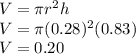 V=\pi r^2 h\\V=\pi (0.28)^2 (0.83)\\V=0.20