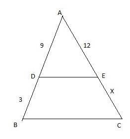Aline parallel to a triangle’s side splits one side into lengths of 9 and 3. the other side is split
