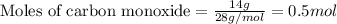 \text{Moles of carbon monoxide}=\frac{14g}{28g/mol}=0.5mol