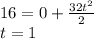 16=0+\frac{32t^2}{2}\\ t=1