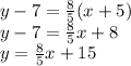 y-7=\frac{8}{5}(x+5)\\y-7 = \frac{8}{5}x + 8\\y=\frac{8}{5}x +15